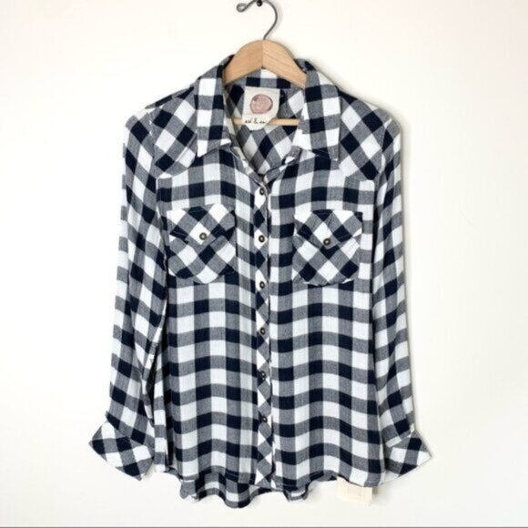 Anthropologie Ash and Ember Button Down Front Shirt Flannel Plaid Black Size S - Picture 2 of 14